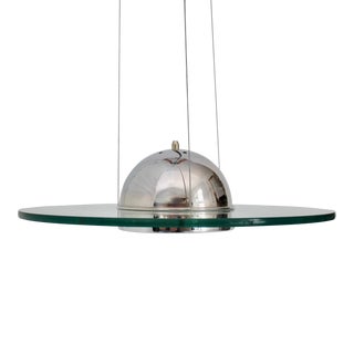 C.1980's Italian Mid-Century Modern Chrome Domed & Glass Discus "Flying Saucer" Pendant/Chandelier For Sale
