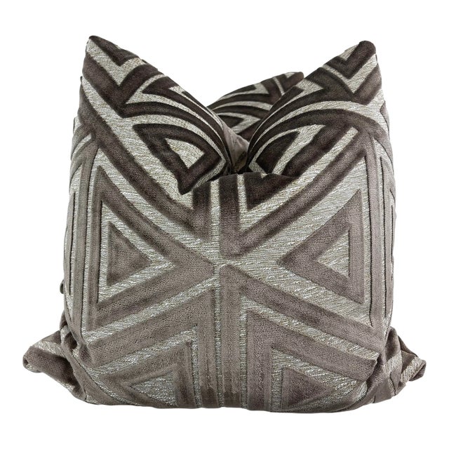 Cut Velvet on Woven in Brown 22" Pillows-A Pair For Sale