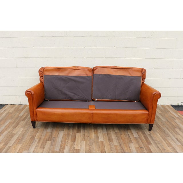 Vintage 1970s Honey Tan Leather Sofa | Tufted Feather Cushion Sofa, American Mid-Century Lounge Seating For Sale - Image 14 of 18