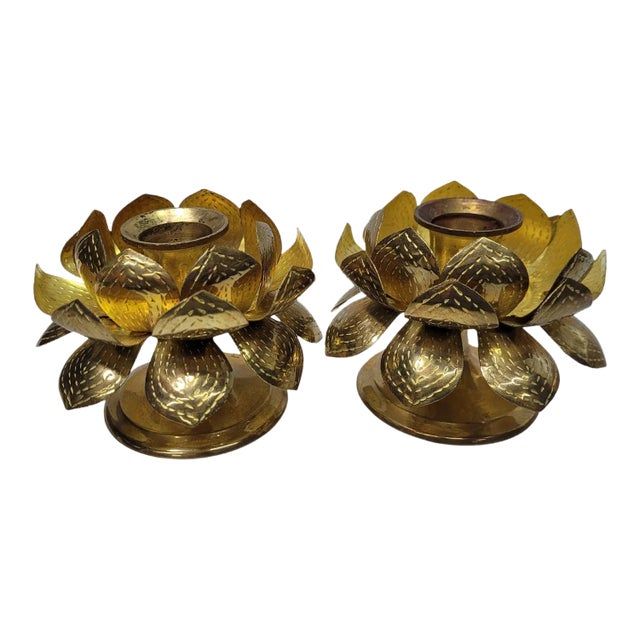 Mid Century Lotus Brass Candle Holders - a Pair For Sale