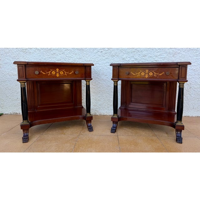 French Empire Wood Nightstands with Marquetry and Black Columns, 1935, Set of 2 For Sale - Image 12 of 15