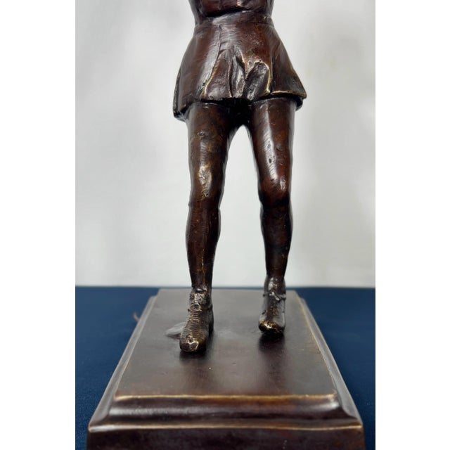 Mid 20th Century Mid 20th Century Mid Century Modern Solid Cast Brass Tennis Player Statue – Antiqued Patinated Brass Female Athlete Sculpture - Unsigned For Sale - Image 5 of 10