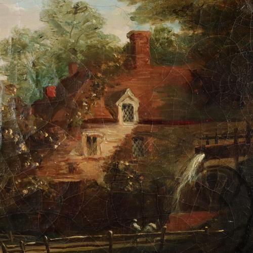 Textile Unknown, Landscape with Mill, Oil on Canvas, Framed For Sale - Image 7 of 11