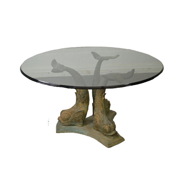 Vintage Bronze Dolphin Base Round Glass Top Center or Dining Table