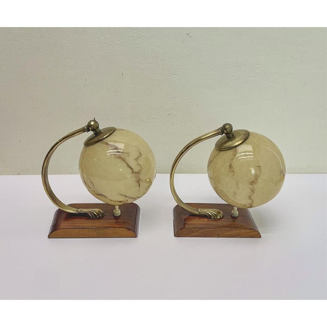 Art Deco Austrian Walnut and Glass Bedside Table Lamps, 1930s, Set of 2 For Sale - Image 6 of 13