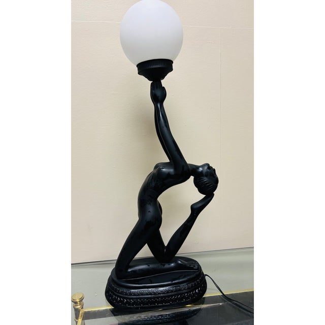 Elegant Art Deco Style Black Women Figural Table Lamp With Frosted Globe Shade Hollywood Regency For Sale - Image 9 of 9
