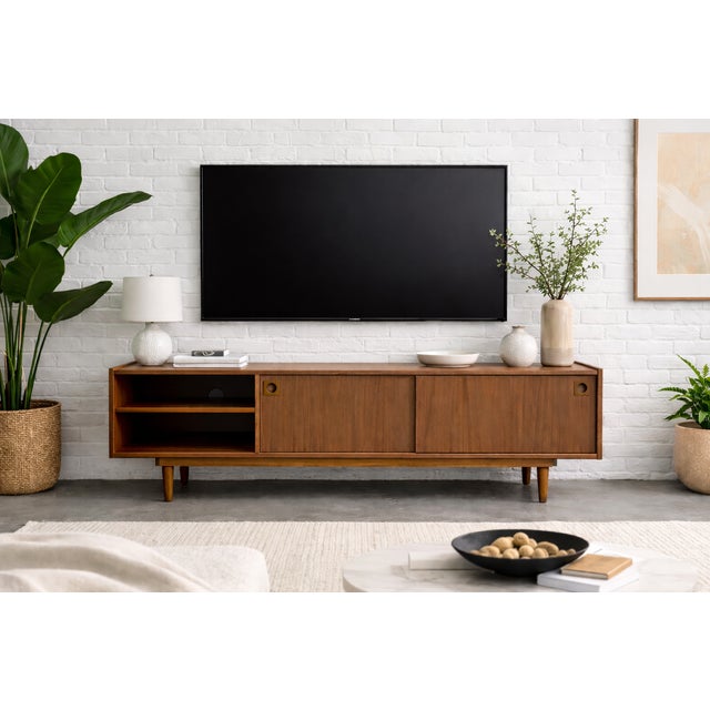 Wood Modern Walnut Credenza / Media Console | Minimalist Sliding Door Sideboard For Sale - Image 7 of 11