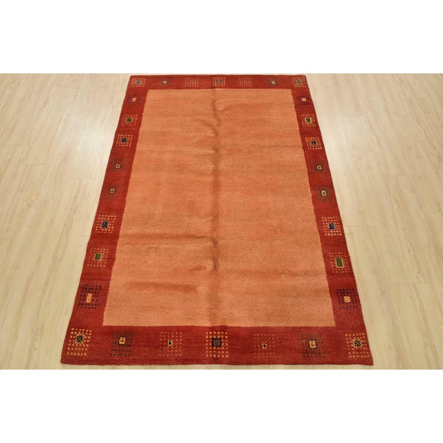 Contemporary Gabbeh Rug 4’8” X 6’9” Orange Wool Contemporary Hand-Knotted Carpet For Sale - Image 3 of 12