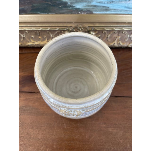 Beige 1970s Signed Studio Pottery Stoneware Vessel by Freeburg With Embossed Medallion For Sale - Image 8 of 9