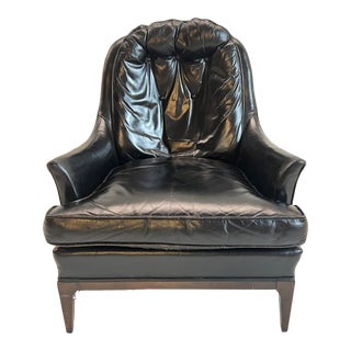 Mid Century Modern Black Real Leather Club Chair For Sale