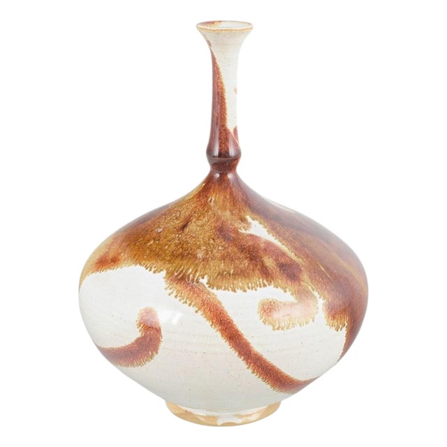 Stoneware Vase with Tall Slender Neck and Flowing Glaze by Isak Isaksson For Sale
