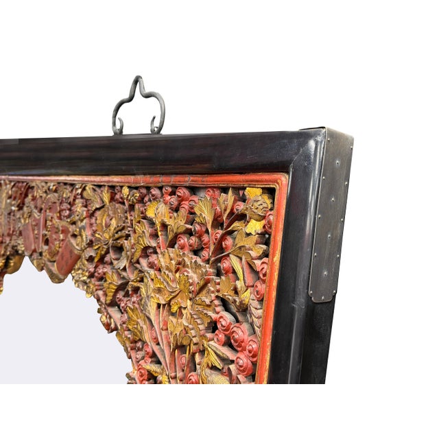 85" X 71" Chinese Red Golden Relief Carving Wood Frame Wall Mirror For Sale - Image 17 of 17