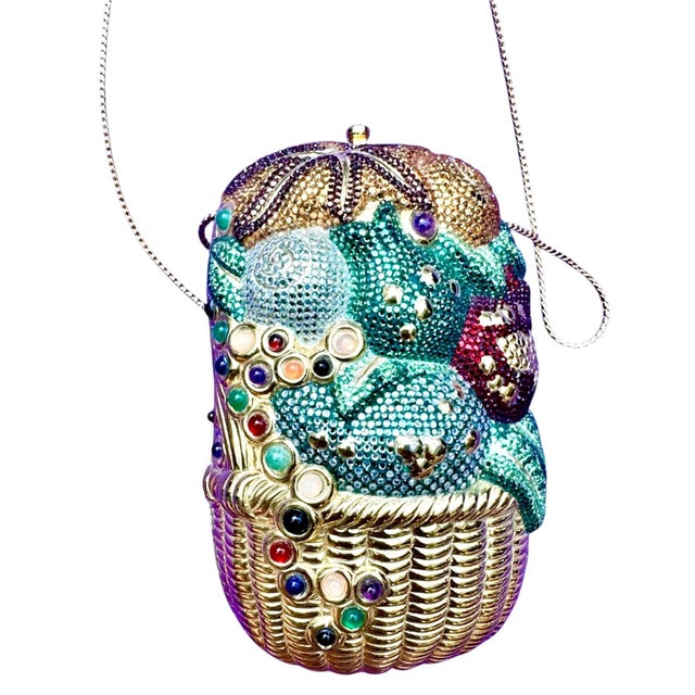 1990s 1993 Judith Leiber Fruit Vegetable Basket Farm Fresh Fall Crystal Minaudiere Shoulder Clutch Evening Bag Gemstones For Sale - Image 5 of 15