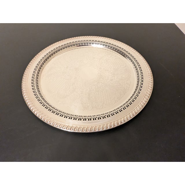 1970s Vintage Leonard Hollywood Regency Pierced Silverplate 15" Chased Round Platter For Sale - Image 5 of 15
