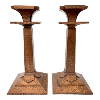 Arts and Crafts Style Hammered Copper Candlestick Candleholders Set of 2 For Sale