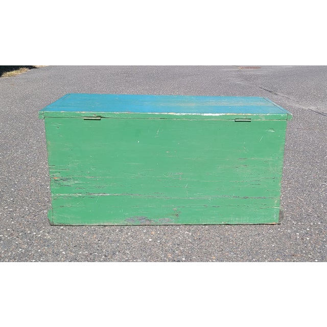 Really nice antique early 19th century dovetailed green painted blanket chest with iron handles. Measuring 37 in wide by...