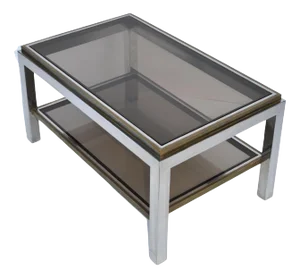 Signed Willy Rizzo Two-Tier Chrome & Brass Coffee Table Smoked Glass Italy 60s