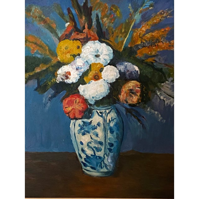 Impressionist Vintage Oil Painting Reproduction of "Dahlias in Delft Vase" For Sale - Image 3 of 7