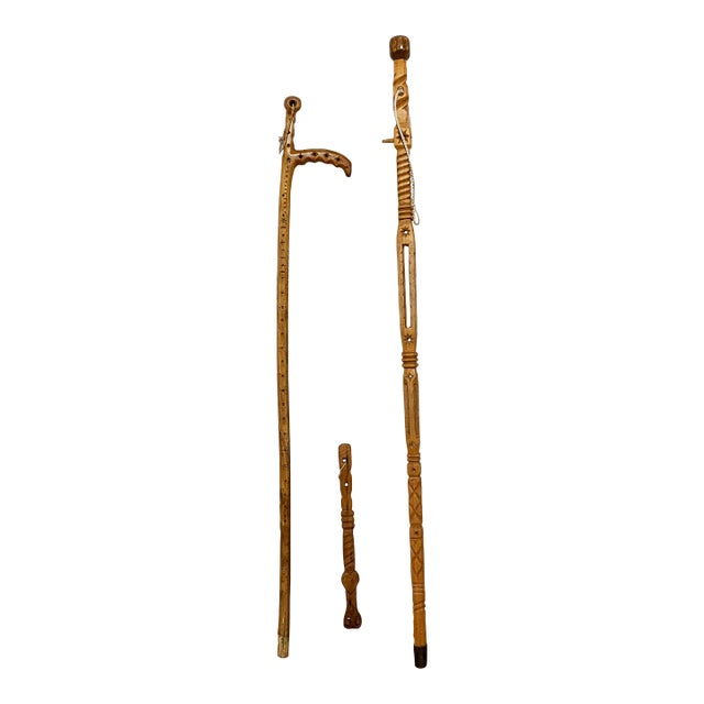 C. 1950s Hand Carved Folk Art Canes / Sticks by Joseph Deveau - Set/3 For Sale