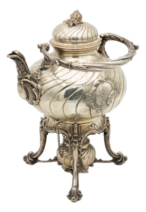 Fluted Silver Kettle on Trivet with Raised Circular Feet, Lamp and Chestnut Handle