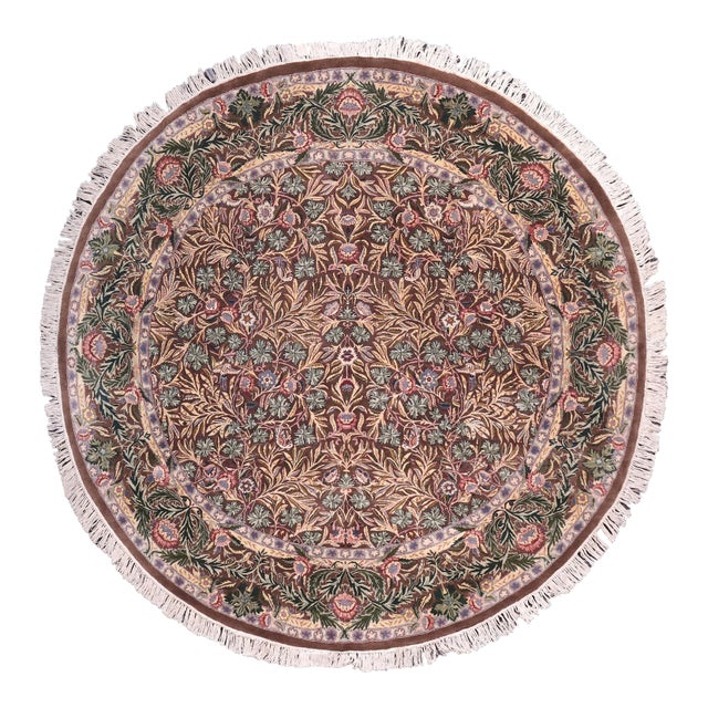 Shabby Chic 1990's Pak-Persian Brown/Green Wool Round Rug- 7'11'' X 8'0'' For Sale