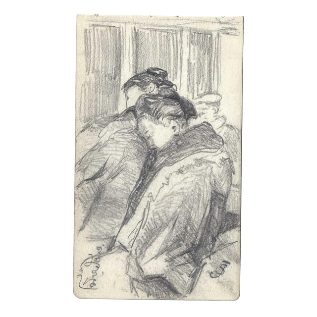 1907 Waiting for the Train Japanese Figure Drawing For Sale