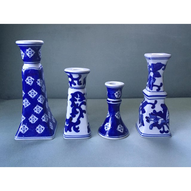 Shabby Chic Vintage Blue & White Patterned Candlesticks- Set of 4 For Sale - Image 3 of 11