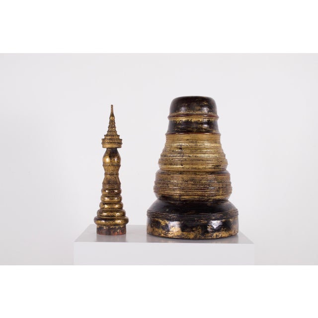 Gold Ancient Burmese Stupa in Gilded Lacquered Wood For Sale - Image 8 of 15