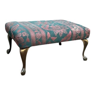 Green/Pink Botanical-Print Silk Brass-Leg Footstool For Sale