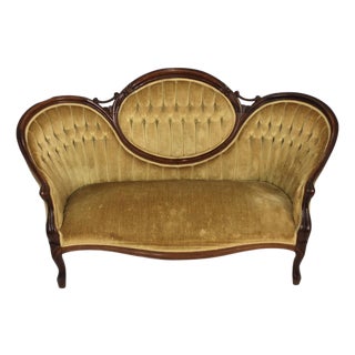 Vintage Victorian Style Gold Velvet and Walnut Settee For Sale