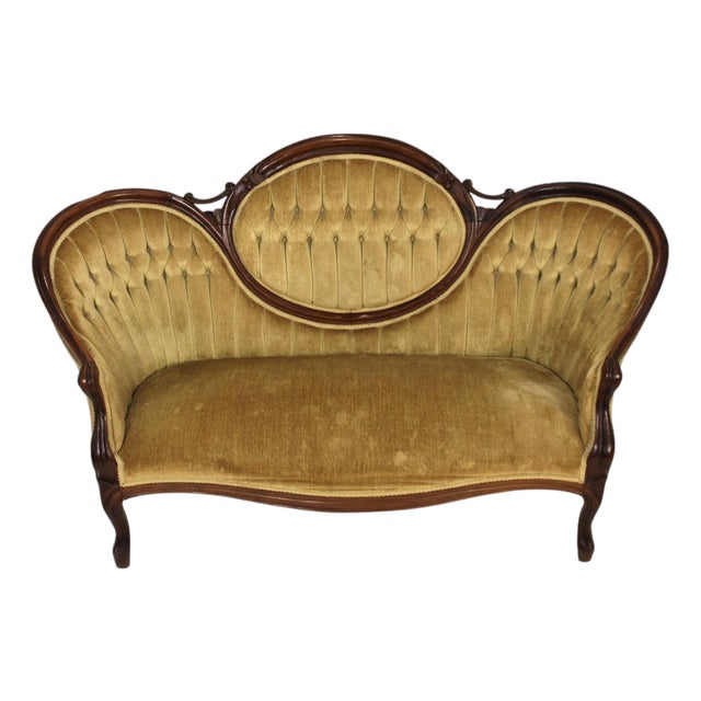 Vintage Victorian Style Gold Velvet and Walnut Settee For Sale