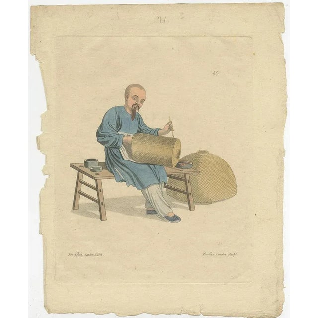 Set of five antique prints illustrating various professions in China, including a money changer, a beggar, a carpenter, a...