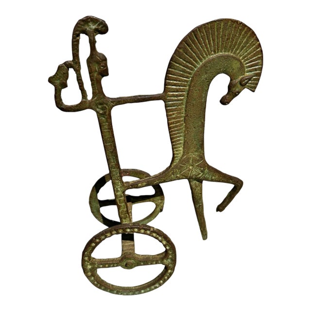 Vintage Verdigris Patina Brass Etruscan Roman Chariot Statue For Sale