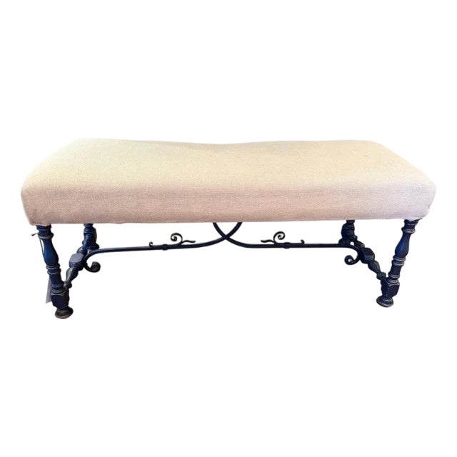 Early 20Thc Blue Painted Base & Linen Covered Seat For Sale