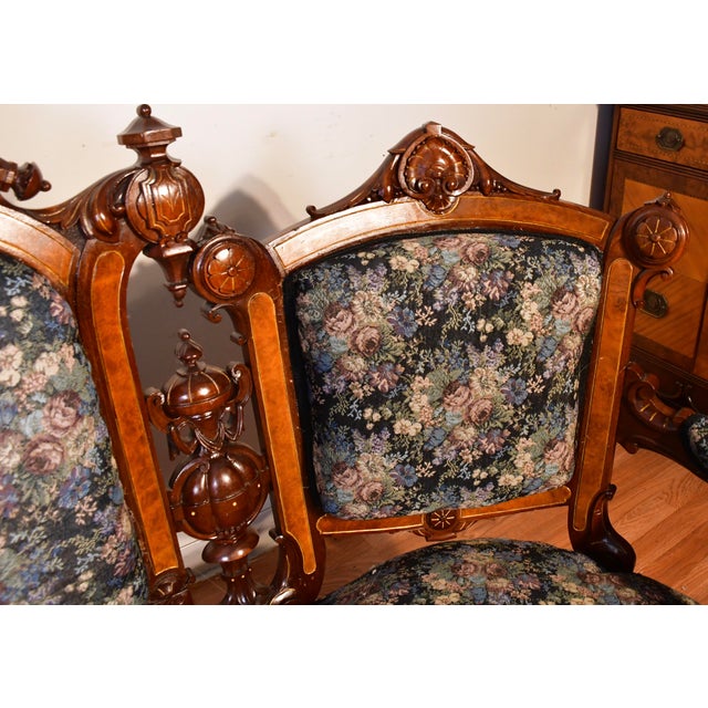 Circa 1870 Antique Victorian Carved Walnut Sofa New Upholstery Couch For Sale - Image 9 of 18