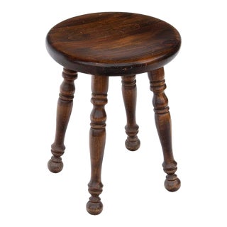 Dark Wooden Stool With Turned Legs For Sale