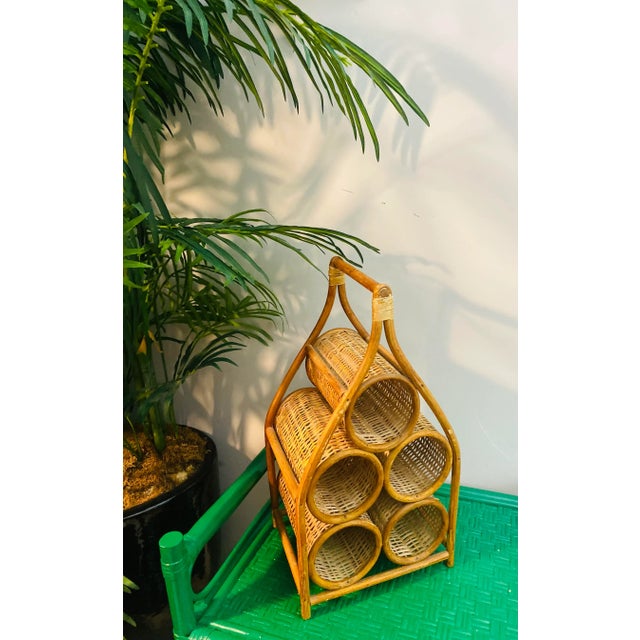 Boho Chic 1970s Vintage Boho Coastal Wicker Rattan Sculptural Wine Bottle Rack Holder For Sale - Image 3 of 11