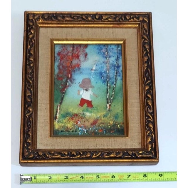 Blue Late 20th Century Fleming Painting of Child With Sailboat Framed Enamel on Copper Vertical For Sale - Image 8 of 8