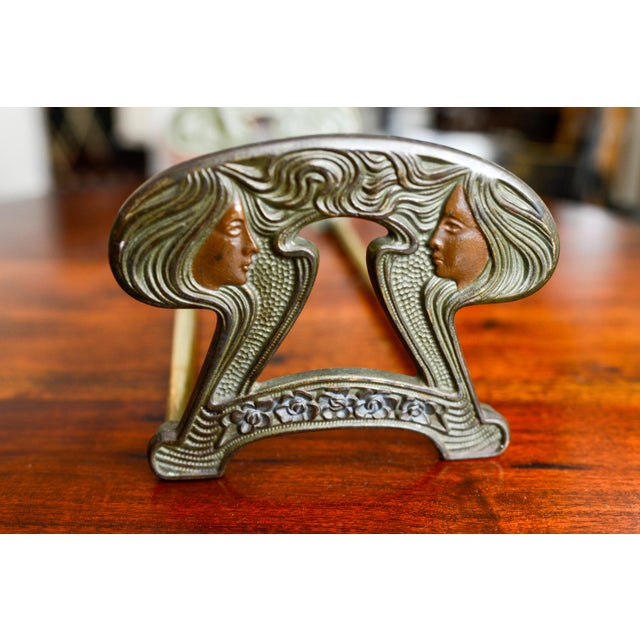 Art Nouveau Brass Bookends Book Rack Adjustable Length Telescoping Judd Co. Twin Maidens For Sale - Image 10 of 10