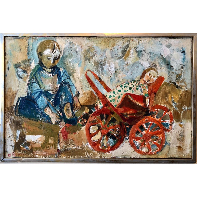 Realism Ruth Schloss, Israeli Oil Painting Ruth Schloss Child, Doll, Wagon, Kibbutz Social Realist Art, c.1950s For Sale - Image 3 of 8