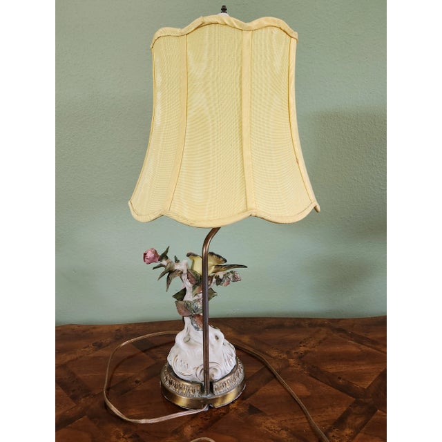 Yellow Vintage Early 20th Century Porcelain Table Lamp, Bird & Flowers For Sale - Image 8 of 13