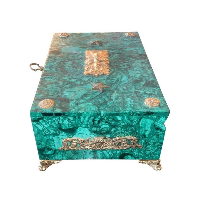 Traditional Malachite Gilt Bronze Decorative Box, Early 20th Century. For Sale - Image 3 of 8