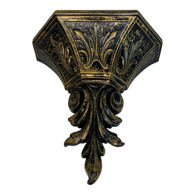 Vintage Syroco Hollywood Regency Gold and Black Acanthus Leaf Wall Pocket For Sale