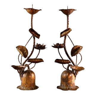 Japanese Bronze Candle Stands, Lotus Design, Mid-Showa Era, 1960s For Sale