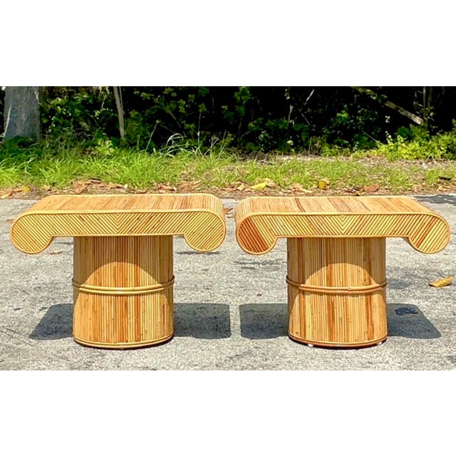 Contemporary Vintage Boho Pencil Reed Column Side Tables - A Pair For Sale - Image 3 of 8
