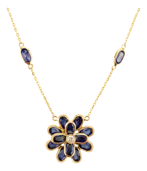 Art Deco Blue Sapphire Flower Necklace With Diamonds in 14k Gold