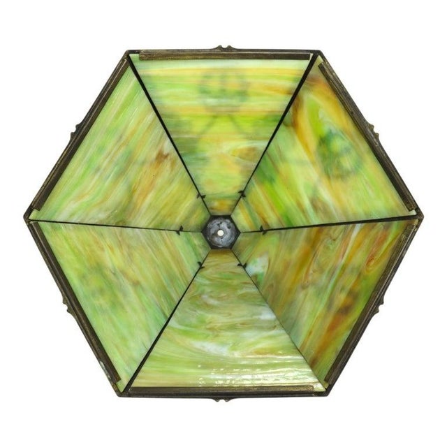Arts & Crafts Rainaud 6 Panel Slag Glass Lamp, Manner of Bradley & Hubbard C1920 For Sale - Image 12 of 12