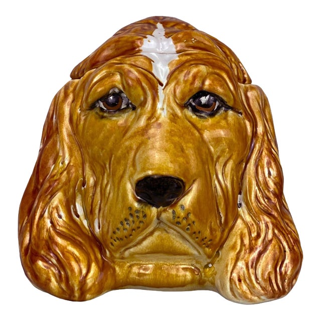 Vintage Italian Porcelain Spaniel Dog Cookie Biscuit Jar W/ Lid For Sale