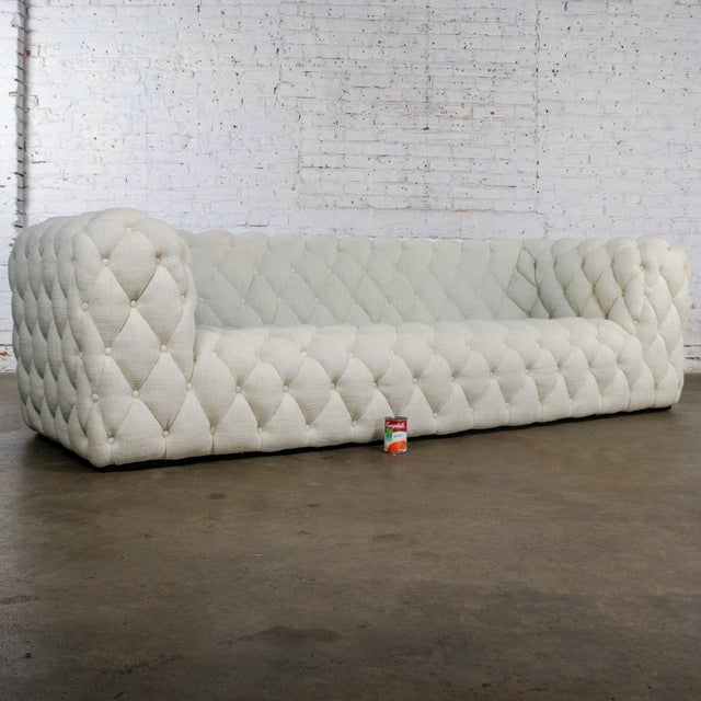 Late 20th to Early 21st Century Modern Chesterfield Style Diamond Tucked Sofa With Beige Twill Fabric Style of Paola Navone For Sale - Image 18 of 18