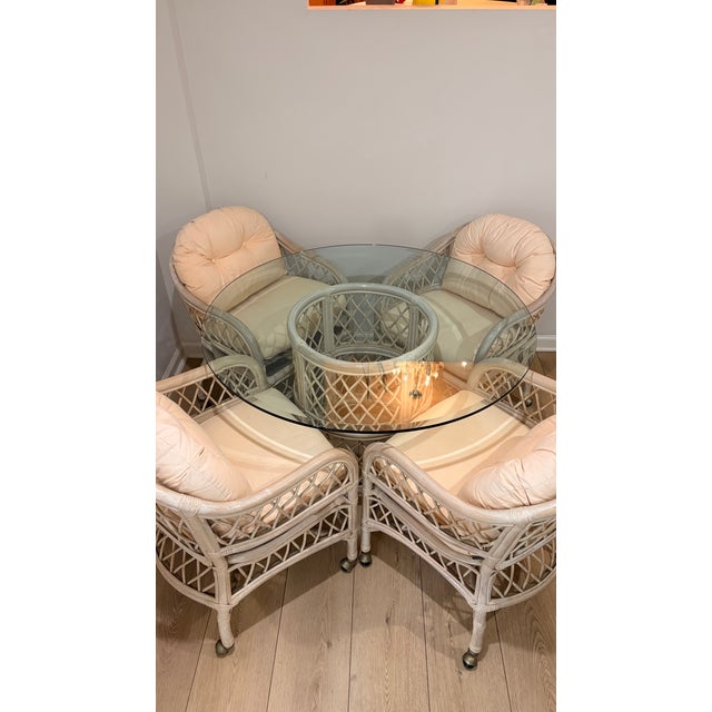 Coastal Coastal Vintage 1980s White-Wash Henry Link Wicker & Rattan 5-Piece Dining Set on Casters For Sale - Image 3 of 10